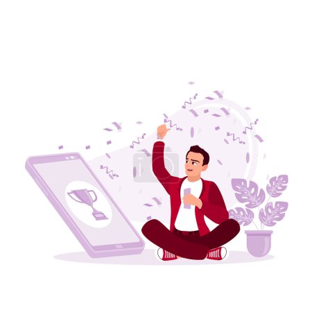 Illustration for Celebrate victory. Man holding mobile phone and celebrating his success. Got happy news. Trend Modern vector flat illustration - Royalty Free Image