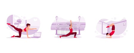 Illustration for Plank Pose One Arm Leg Lift. a man doing yoga outdoors. Scorpion yoga poses. Yoga concept. Set Trend Modern vector flat illustration - Royalty Free Image