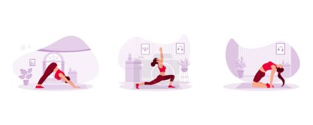 Téléchargez les illustrations : Jeune femme pratiquant le yoga à la maison. Allongez-vous sur le tapis. Pratiquez le yoga dans la pose d'Ustrasana et la pose de chameau. Concept de yoga. Set Tendance Illustration plate vectorielle moderne - en licence libre de droit