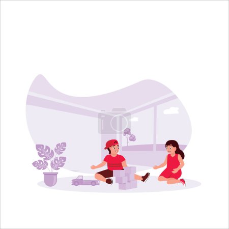 Illustration for Children play on the floor of the room. Two children are playing with blocks in the house. Small children's educational toys. Trend Modern vector flat illustration - Royalty Free Image