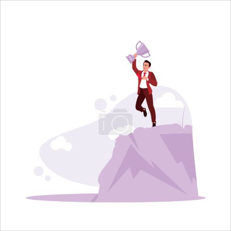Illustration for Man climbing a mountain holding a trophy. Self-improvement, success and life purpose concept. Trend Modern vector flat illustration - Royalty Free Image