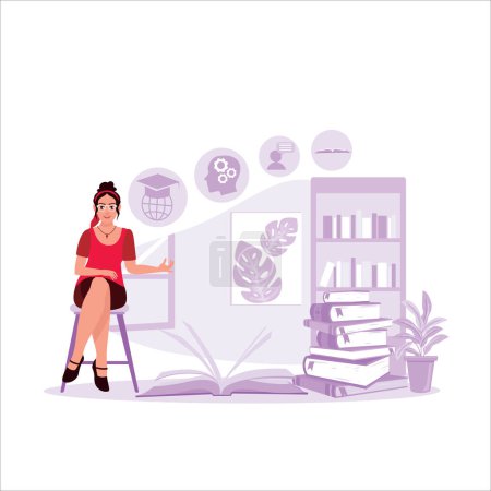 Téléchargez les illustrations : Femme instruite assise à côté d'un livre ouvert à la bibliothèque. Concept d'apprentissage de l'éducation académique. Tendance Illustration plate vectorielle moderne - en licence libre de droit