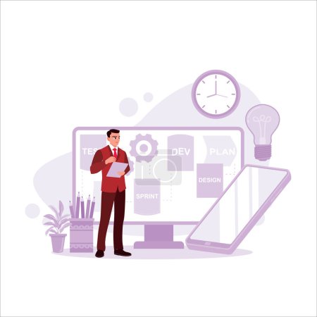 Illustration for The device development life cycle is stuck on board with a sticky note. Plan, design, develop, test.Trend Modern vector flat illustration - Royalty Free Image
