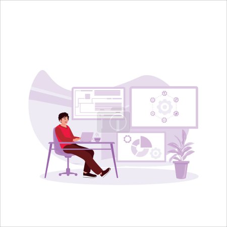Illustration for Software developers concept. Male programmer working on laptop in office. Trend Modern vector flat illustration - Royalty Free Image