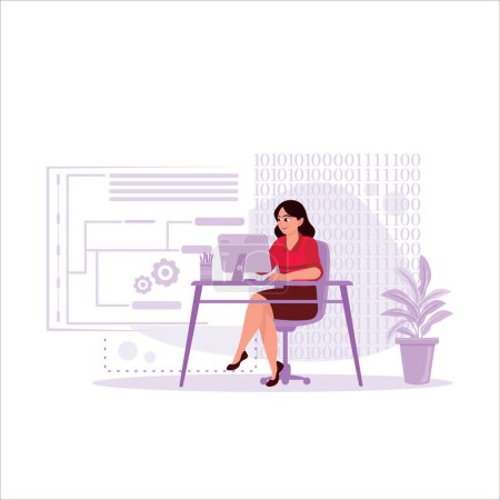 Illustration for Software developers concept. A female worker is working on a computer in the office. Trend Modern vector flat illustration - Royalty Free Image