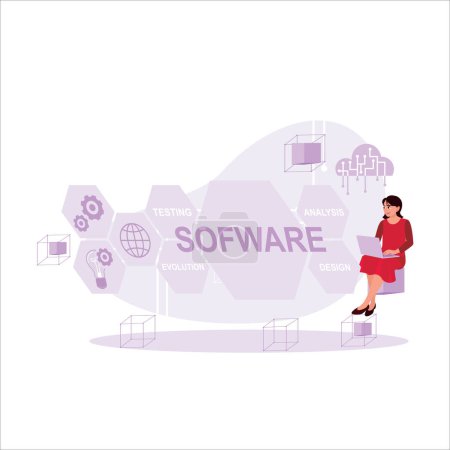 Illustration for Software developers concept. Female worker programming software with her laptop. Trend Modern vector flat illustration - Royalty Free Image