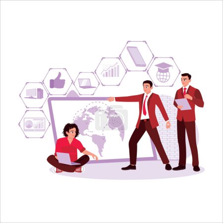 Illustration for Digital marketing media concept with icons, managers and workers analyze marketing globally. Marketing concept. Trend Modern vector flat illustration - Royalty Free Image