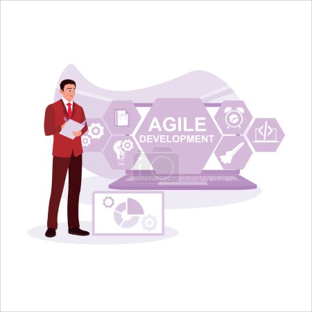 Illustration for Software developers concept. The businessman is doing agile software development with a laptop. Trend Modern vector flat illustration - Royalty Free Image