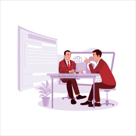 Illustration for Software developers concept. Two male programmers are discussing in the office of a software development company. Trend Modern vector flat illustration - Royalty Free Image