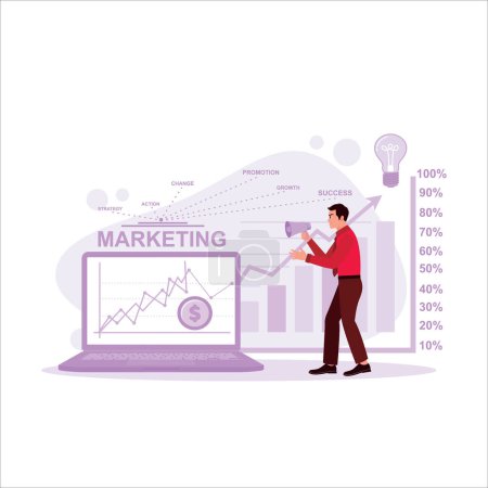 Illustration for Marketing concept. Manager holding a microphone, analyzing the marketing process with graphs and charts. Trend Modern vector flat illustration - Royalty Free Image
