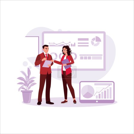 Illustration for Happy business colleagues have a meeting and discussions in the office; they use digital tablets during the meetings and office work concept. Trend Modern vector flat illustration - Royalty Free Image