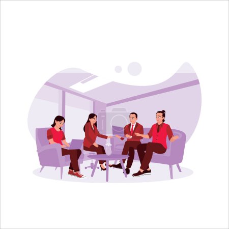 Illustration for Multicultural businesspeople sitting together in the office lobby, working together and discussing a new project or office work concept. Trend Modern vector flat illustration - Royalty Free Image
