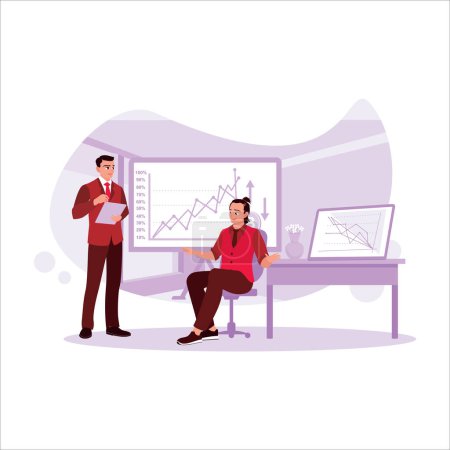 Illustration for The businessman and his colleague are promoting stock online, discussing the stock market concept in the trader's office. Trend Modern vector flat illustration - Royalty Free Image