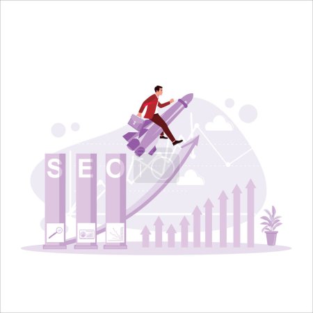 Illustration for SEO Search Engine Optimization, a businessman flies using a jet pet to promote his ranking on a website, Web design concept. Trend Modern vector flat illustration - Royalty Free Image