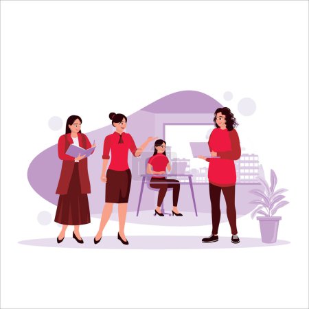 Ilustración de Mujeres de negocios felices están discutiendo y trabajando juntos en la oficina, concepto de trabajo de oficina. Tendencia Moderno vector ilustración plana - Imagen libre de derechos
