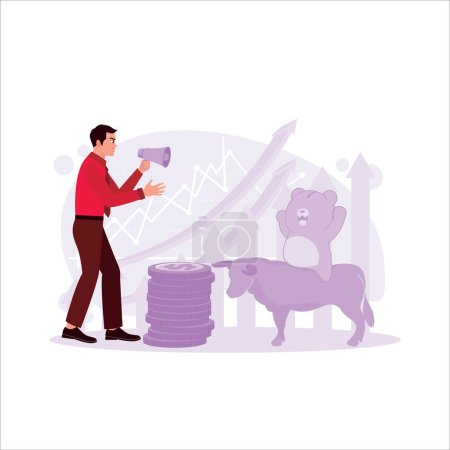 Illustration for Businessman increasing stock market with bull, bear and money as background, Stock market concept. Trend Modern vector flat illustration - Royalty Free Image