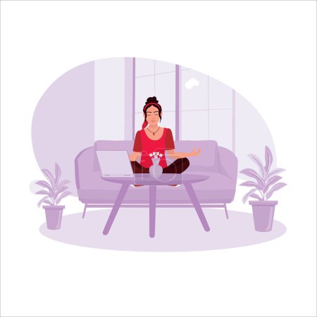 Illustration for A young woman is sitting on the sofa in the house, doing the lotus asana pose online to relax and maintain health. Mental health concept. Trend Modern vector flat illustration - Royalty Free Image
