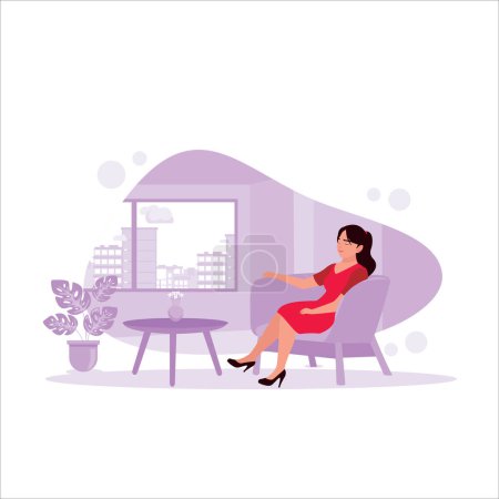 Ilustración de La joven está sentada en el sofá, disfrutando del ambiente tranquilo y el aire fresco de la sala de estar. Concepto de salud mental. Tendencia Moderno vector ilustración plana - Imagen libre de derechos