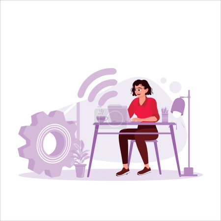 Ilustración de Mujer joven sentada frente a un portátil bebiendo té en casa, haciendo un trabajo remoto productivo. Concepto de productividad independiente. Tendencia Moderno vector ilustración plana - Imagen libre de derechos