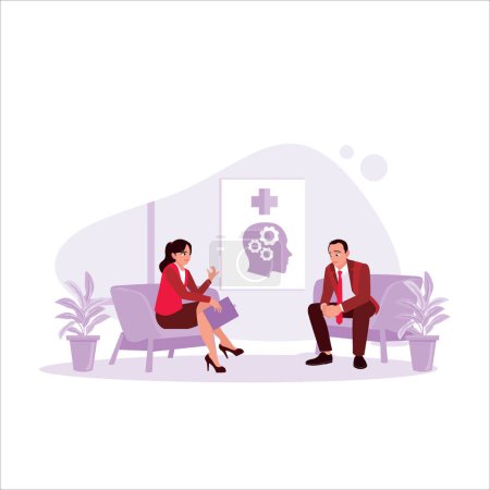 Illustration for An unhappy middle-aged man consults a psychotherapist at a mental health clinic. The psychotherapist takes notes during the conversation. Mental health concept. Trend Modern vector flat illustration - Royalty Free Image
