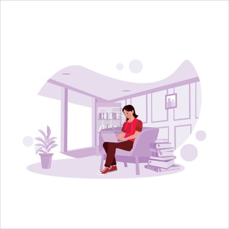 Ilustración de Mujer joven y feliz sentada relajada en el sofá sosteniendo un portátil, haciendo trabajo remoto en una cómoda oficina en casa. Concepto de productividad independiente. Tendencia Moderno vector ilustración plana - Imagen libre de derechos