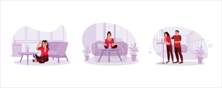 Illustration for Depressed woman loses job. Woman relaxing lotus asana pose. Encourage colleagues. Mental health concept. Set Trend Modern vector flat illustration - Royalty Free Image