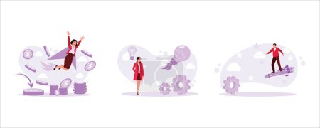 Illustration for A businesswoman flies using a jetpet. A light bulb rocket is ready to fly. Middle-aged businessman standing on a missile. Productivity Boosting concept. Set Trend Modern vector flat illustration - Royalty Free Image