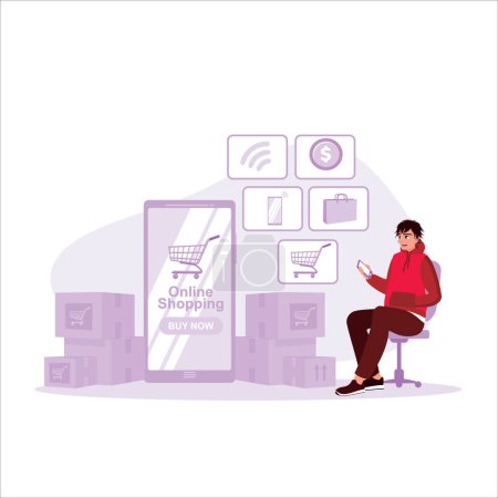 Illustration for A man sits on a chair, holding a mobile phone and shopping online. Online Shopping concept. Trend Modern vector flat illustration - Royalty Free Image
