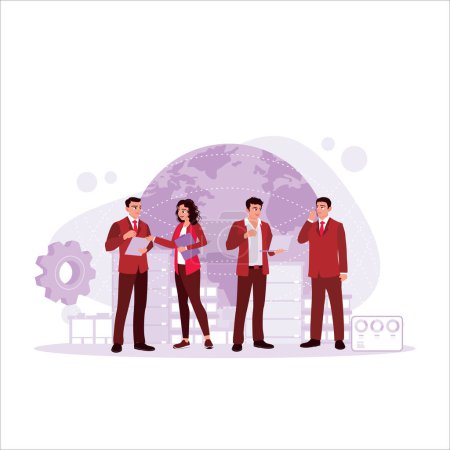 Illustration for Business team standing against a global backdrop, planning business internationally. Company concept. Trend Modern vector flat illustration - Royalty Free Image
