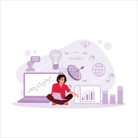 Illustration for A businessman sitting on the floor holding a laptop, analyzing a marketing plan. Marketing Digital Technologies concept. Trend Modern vector flat illustration - Royalty Free Image