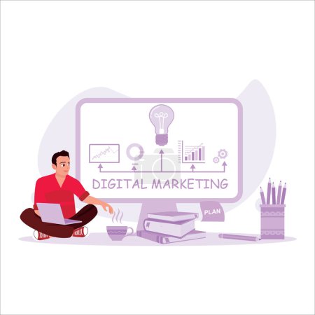 Illustration for Business man planning and brainstorming on his new project. Marketing Digital Technologies concept. Trend Modern vector flat illustration - Royalty Free Image