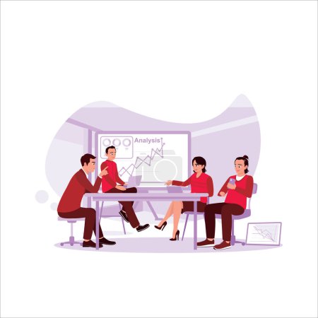 Illustration for Business team meeting in the office, analyzing market trading charts through laptops and TV screens. Company concept. Trend Modern vector flat illustration - Royalty Free Image