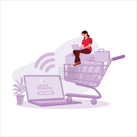 Ilustración de Una mujer joven está de compras en línea en un ordenador portátil y poner artículos en una cesta. Concepto de compras en línea. Tendencia Moderno vector ilustración plana - Imagen libre de derechos