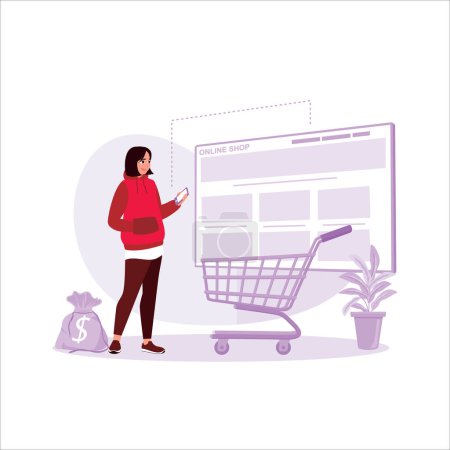 Illustration for A woman is viewing an online shopping site on her cell phone; she selects items to cart and pays online. Online Shopping concept. Trend Modern vector flat illustration - Royalty Free Image