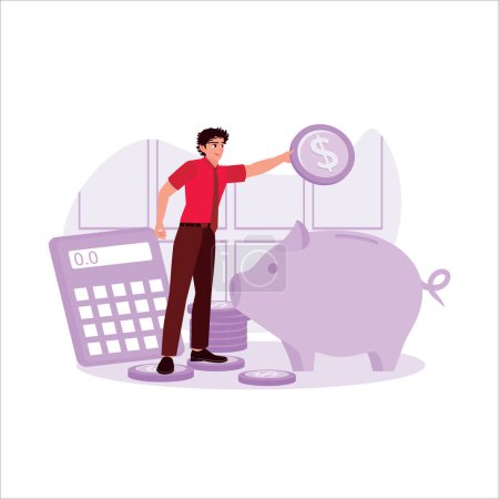 Illustration for Businessmen holding the coins and putting them in a piggy bank, the strategy of saving money and investing for the future. Save Money concept. Trend Modern vector flat illustration - Royalty Free Image