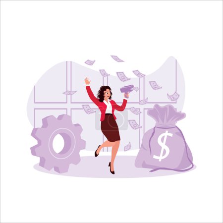 Illustration for A woman is passionate about shooting money after business success. Save Money concept. Trend Modern vector flat illustration - Royalty Free Image
