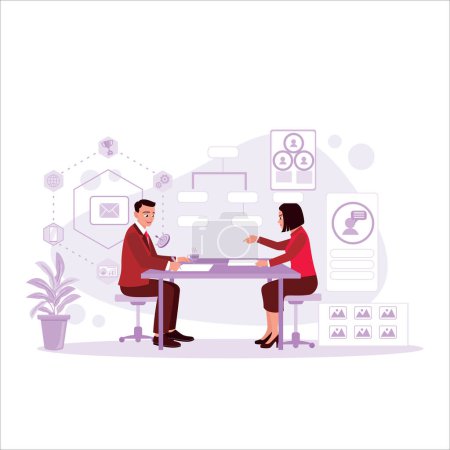 Illustration for Two business people work together to develop a wireframe design on a modern office desk. Design And Development concept. Trend Modern vector flat illustration - Royalty Free Image