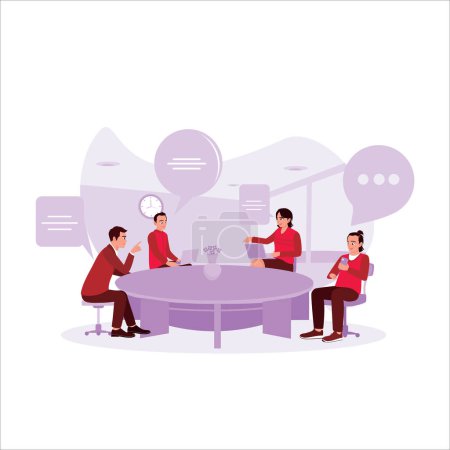 Ilustración de Equipo de negocios sentado juntos en una sala de reuniones, comunicándose entre sí y planificando el trabajo frente a la computadora portátil. Concepto de empresa. Tendencia Moderno vector ilustración plana - Imagen libre de derechos