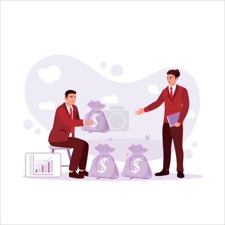Illustration for An entrepreneur experiences economic difficulties and borrows money from other entrepreneurs for investment. Save Money concept. Trend Modern vector flat illustration - Royalty Free Image
