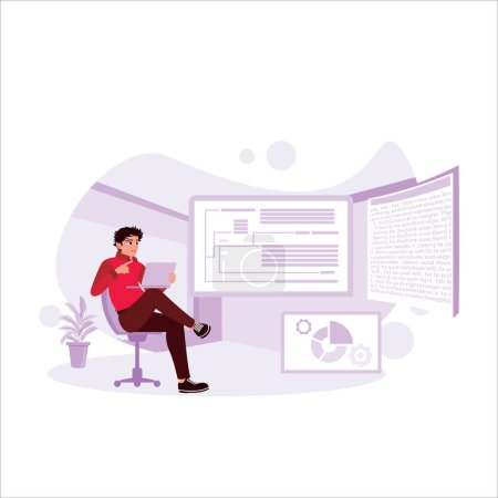 Illustration for Businessman sitting relaxed in a chair, holding a laptop to develop HTML code on the laptop screen. Design And Development concept. Trend Modern vector flat illustration - Royalty Free Image