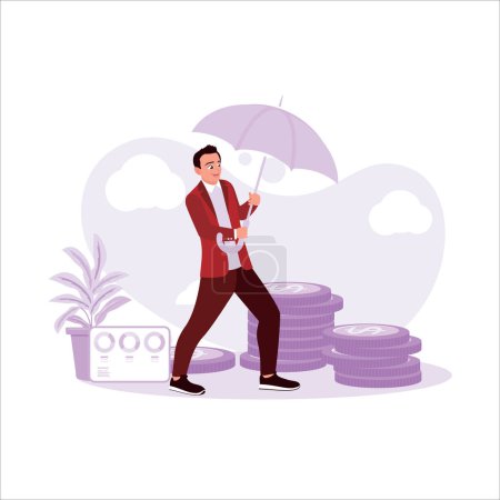 Illustration for Businessman holding an umbrella to protect a pile of coins underneath, economic protection. Save Money concept. Trend Modern vector flat illustration - Royalty Free Image