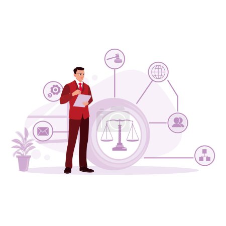 Illustration for Lawyer businessman holding a digital tablet with law icons. Law concept. Trend Modern vector flat illustration - Royalty Free Image