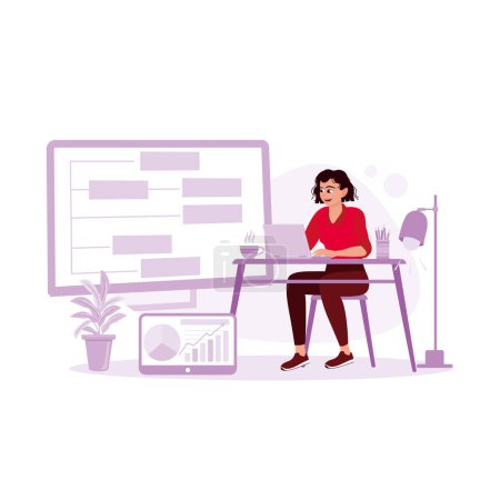 Illustration for A female engineer works before a computer on an Industrial Electronic Design Software Screen at a High Tech Facility with CNC Machines. Computer Programming concept. Trend Modern vector flat illustration - Royalty Free Image