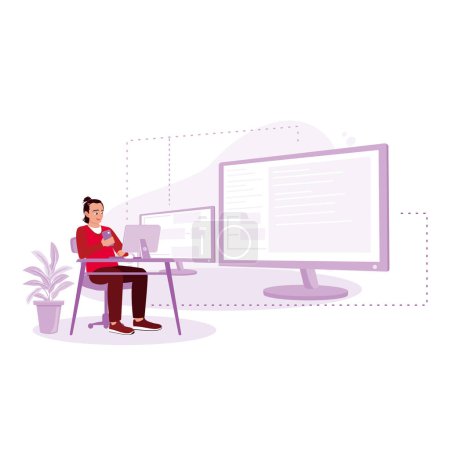 Ilustración de Un hombre trabaja frente a una computadora en la oficina, una pantalla de estructura de base de datos html profesional. Concepto de programación informática. Tendencia Moderno vector ilustración plana - Imagen libre de derechos