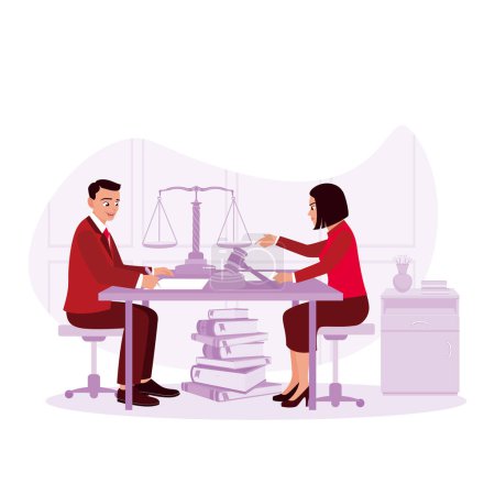 Illustration for Legal advisor holds a meeting and gives the client a signed contract. Law concept. Trend Modern vector flat illustration - Royalty Free Image