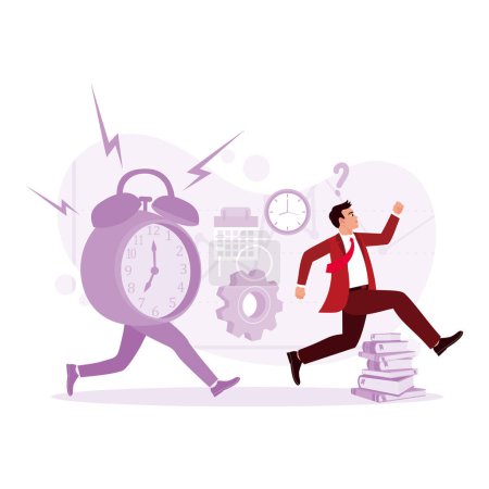 Illustration for Male employee running away from the alarm clock that was chasing him. Deadline concept. Trend Modern vector flat illustration - Royalty Free Image