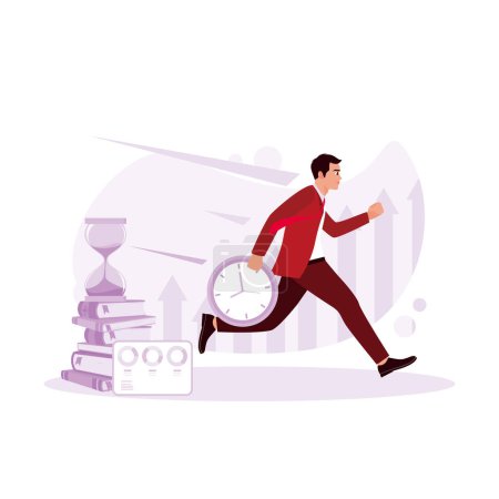 Ilustración de Un hombre de negocios corre mientras sostiene un despertador. Concepto de fecha límite. Tendencia Moderno vector ilustración plana - Imagen libre de derechos