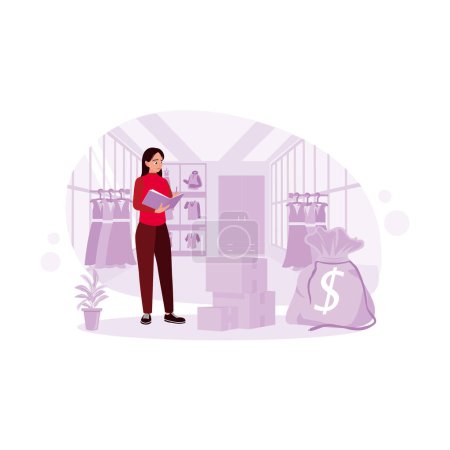 Illustration for The clothing shop owner checks the stock of clothes in the shop. Check the goods ordered by the buyer. Digital Shopping concept. Trend Modern vector flat illustration - Royalty Free Image