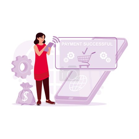 Ilustración de Las mujeres hacen pagos en línea a través de compras en línea de teléfonos inteligentes. Concepto Digital Shopping. Tendencia Moderno vector ilustración plana - Imagen libre de derechos