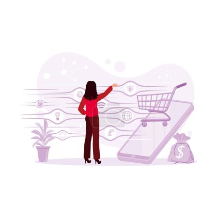 Ilustración de Mujer usando una tableta o teléfono celular con un icono de carrito de compras en la pantalla. Pago en línea. Concepto Digital Shopping. Tendencia Moderno vector ilustración plana - Imagen libre de derechos